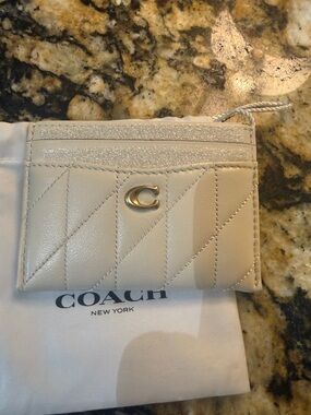 Coach Quilted Card Holder in Light Cream with Gold 'C' Accent